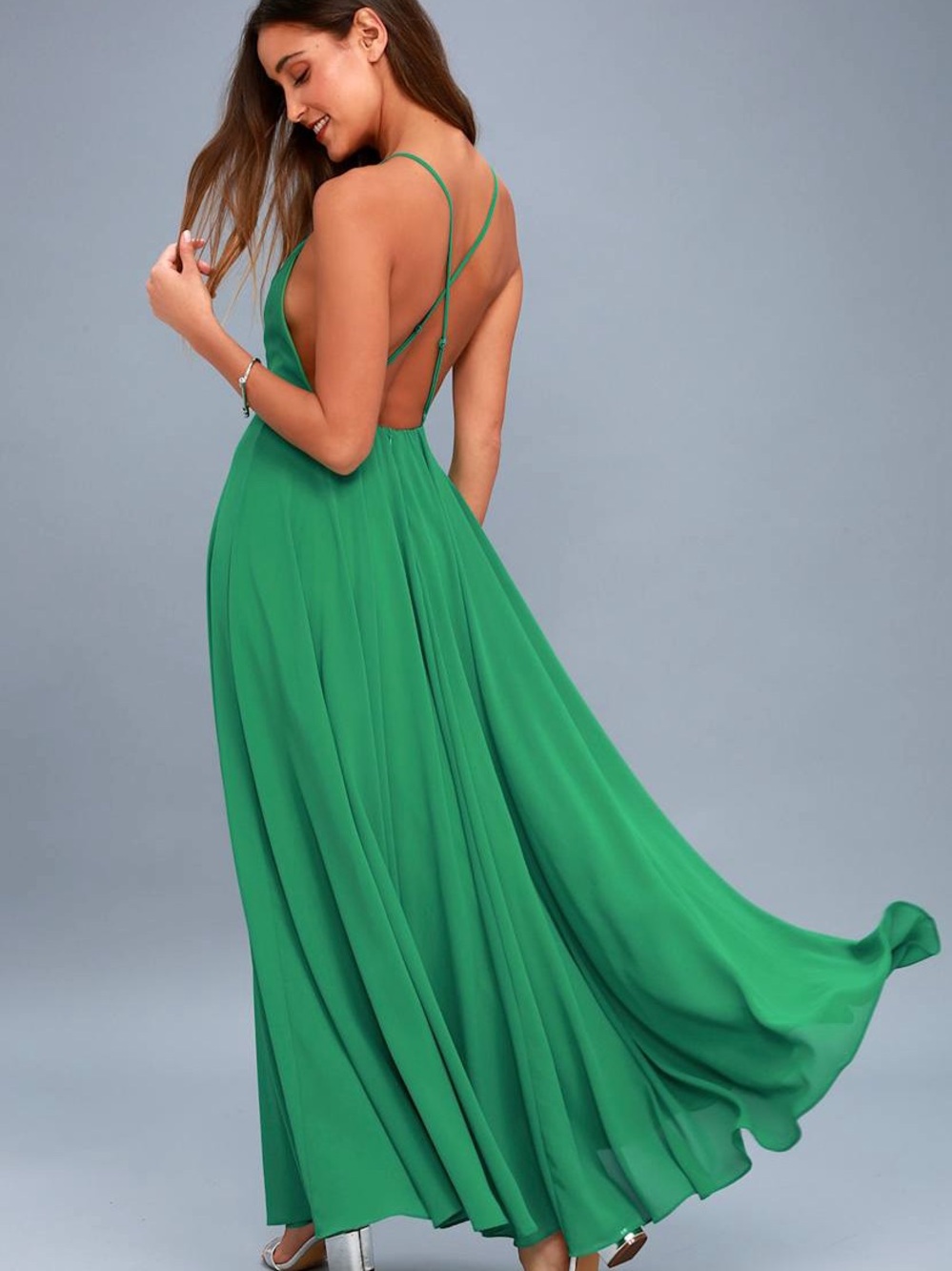 Lulus Green Backless Maxi Dress High Neck Mythical Kind of Love Wedding Guest L
